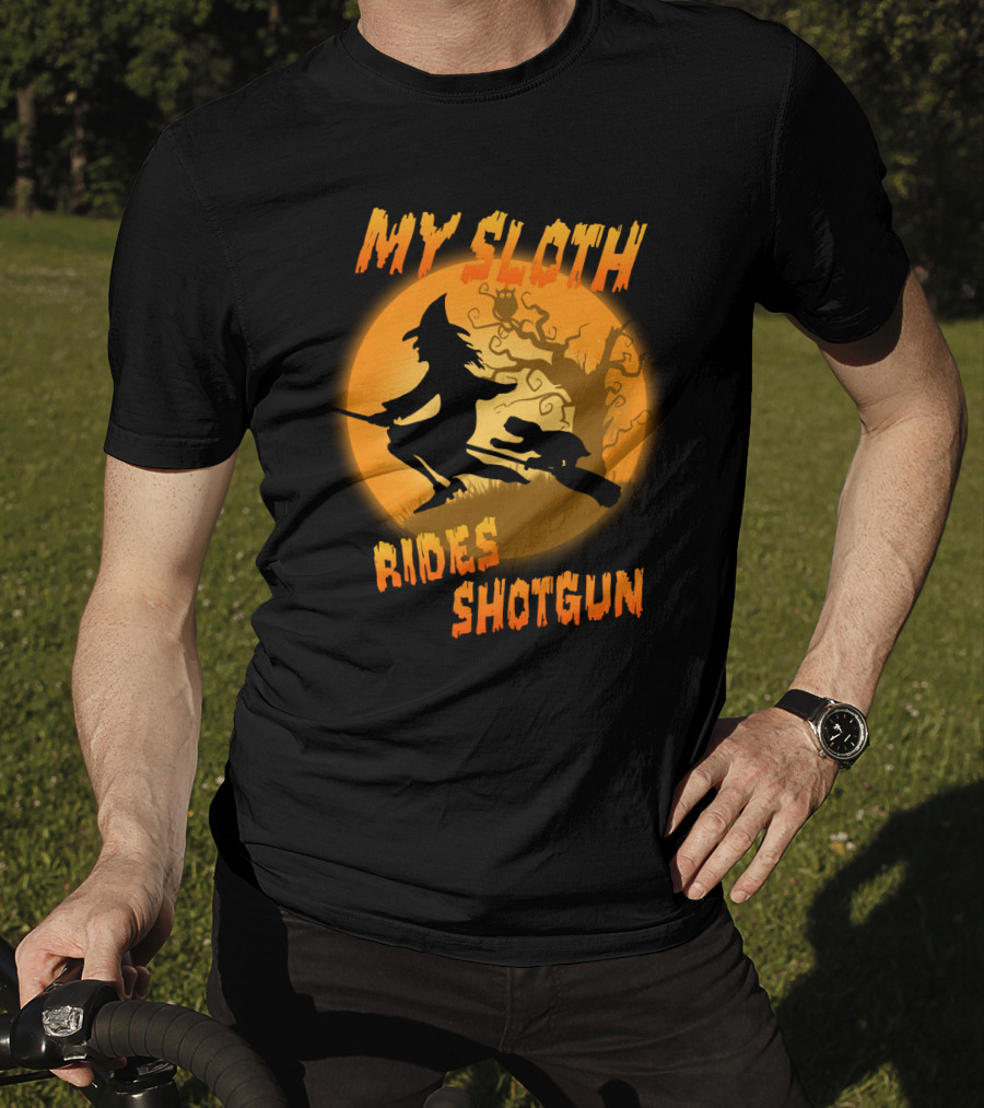 My Sloth Rides Shotgun Witch And Sloth Flying On Broomstick Full Moon T-Shirt
