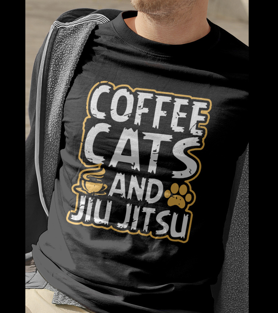 Coffee Cats And Jiu Jitsu With Coffee Cup And Cat Paw Prints T-Shirt