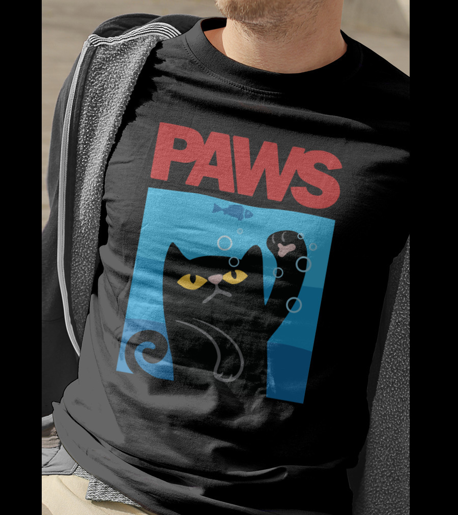 PAWS Jaws Parody Black Cat With Fish In Water T-Shirt