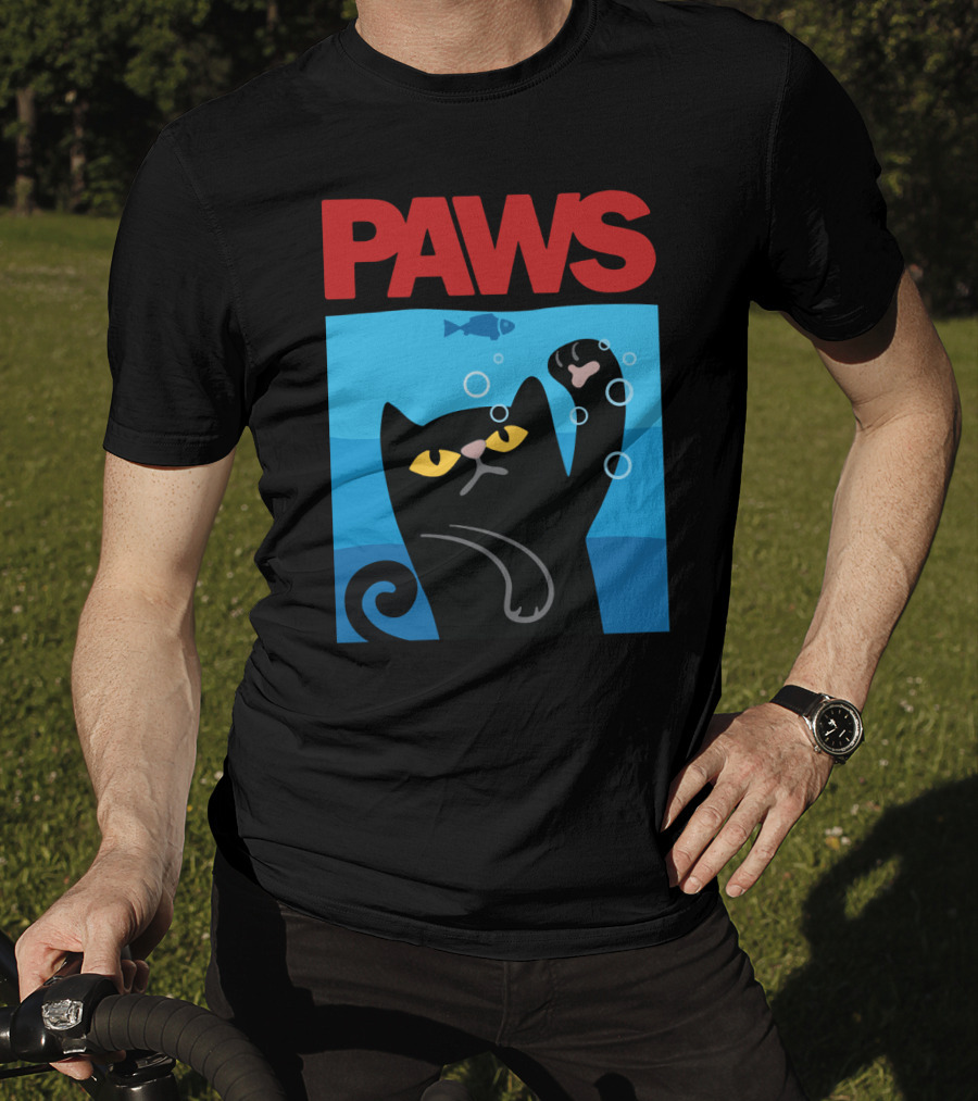PAWS Jaws Parody Black Cat With Fish In Water T-Shirt