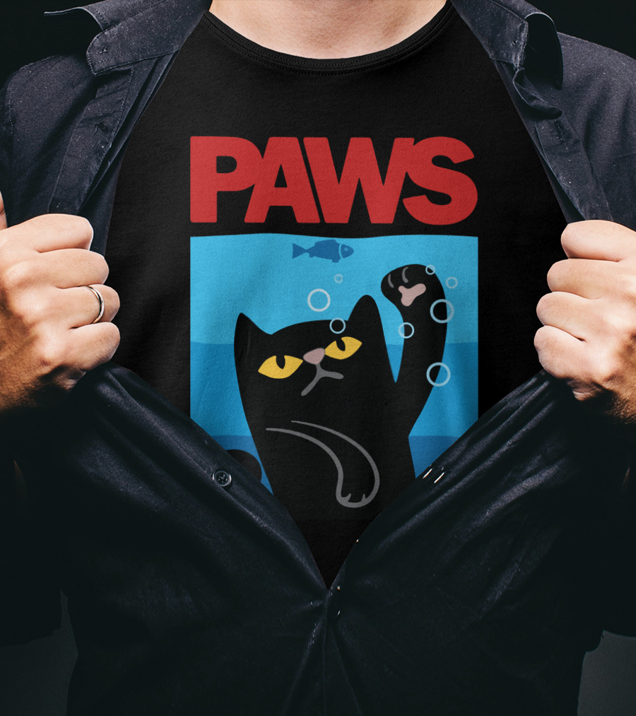 PAWS Jaws Parody Black Cat With Fish In Water T-Shirt