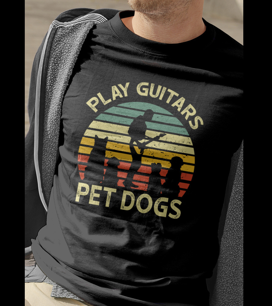 Play Guitars Pet Dogs Retro Silhouette With Dogs And Guitar Player T-Shirt