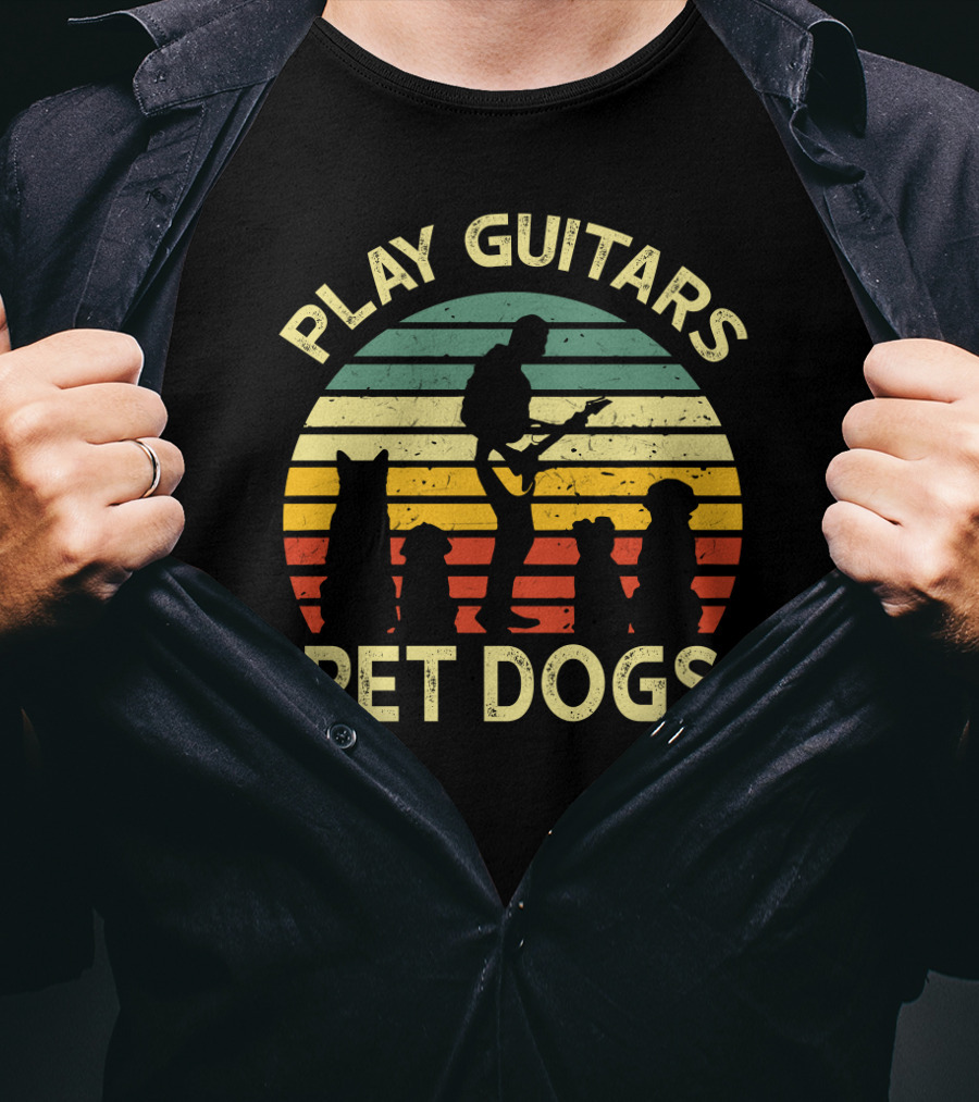 Play Guitars Pet Dogs Retro Silhouette With Dogs And Guitar Player T-Shirt