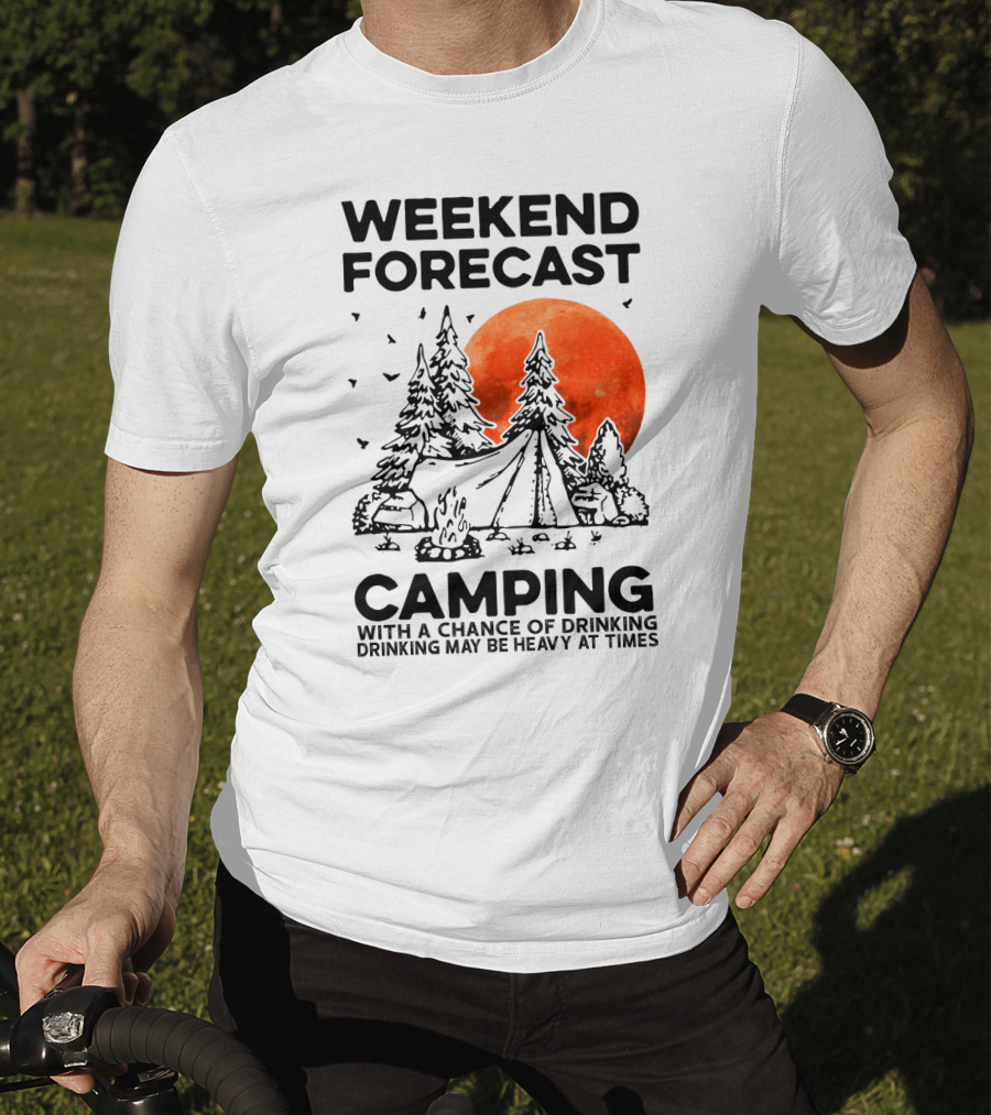 Weekend Forecast Camping With A Chance Of Drinking Drinking May Be Heavy At Times Vibrant Red Moon Forest Nighttime Scene T-Shirt
