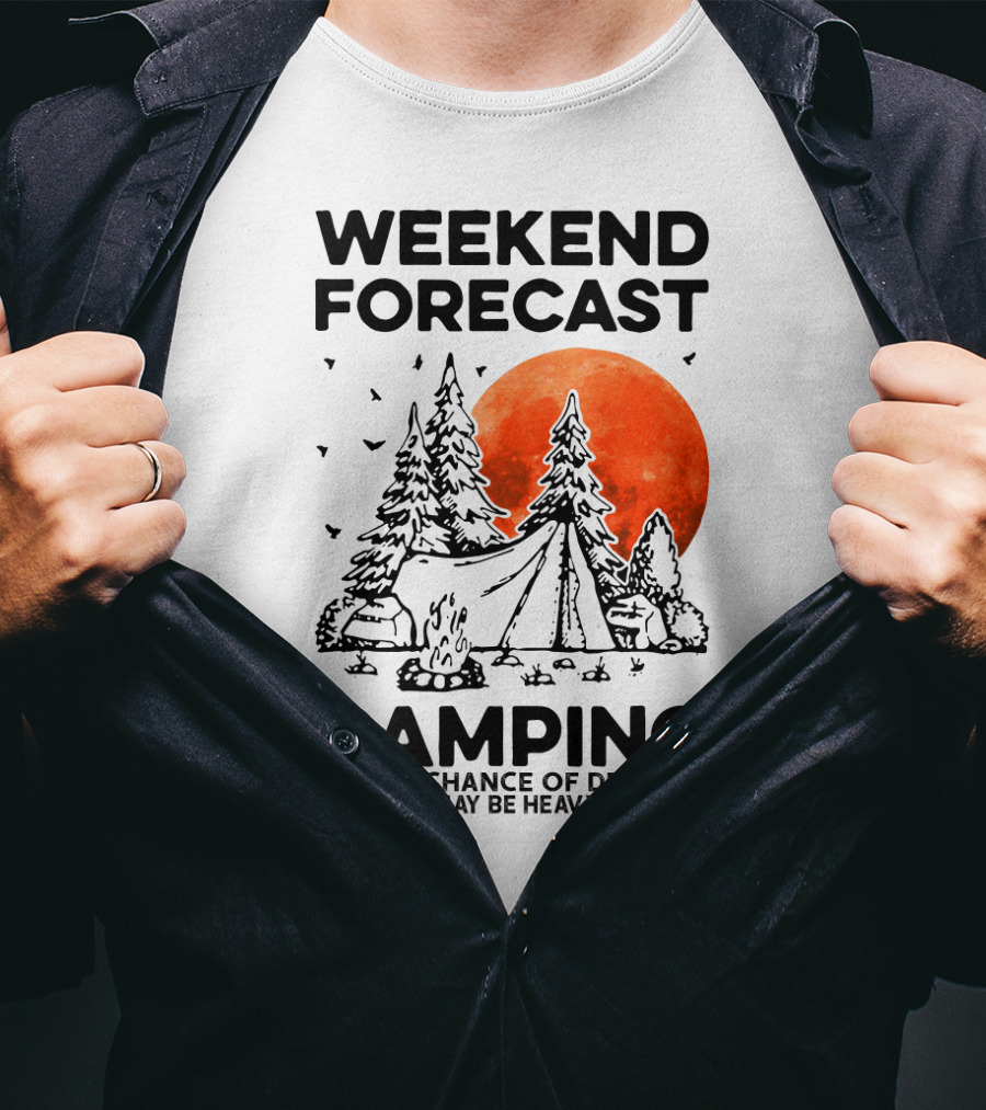 Weekend Forecast Camping With A Chance Of Drinking Drinking May Be Heavy At Times Vibrant Red Moon Forest Nighttime Scene T-Shirt