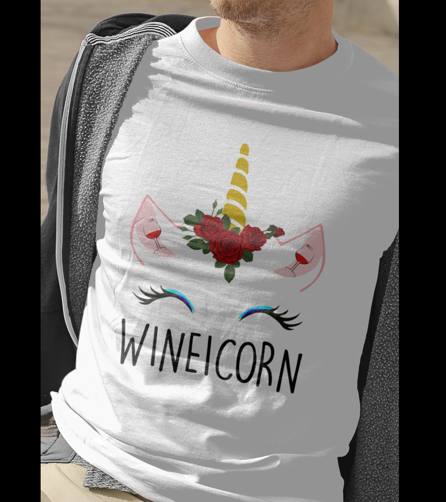 Wineicorn Unicorn With Wine Glass Rose Crown T-Shirt