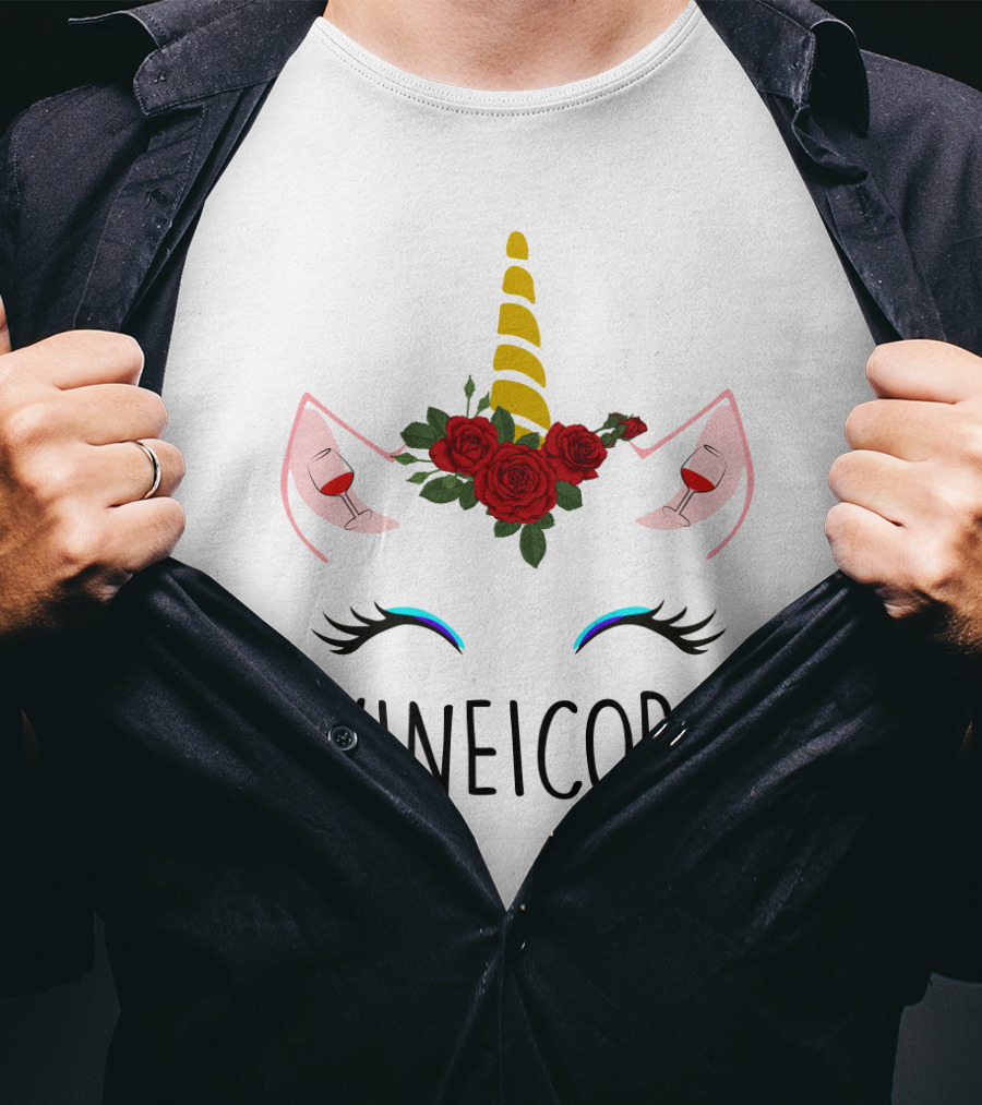 Wineicorn Unicorn With Wine Glass Rose Crown T-Shirt