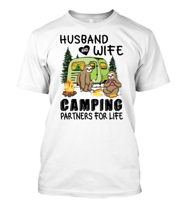Sloth Lovers Husband And Wife Camping Partners For Life With Campfire Scene T-Shirt