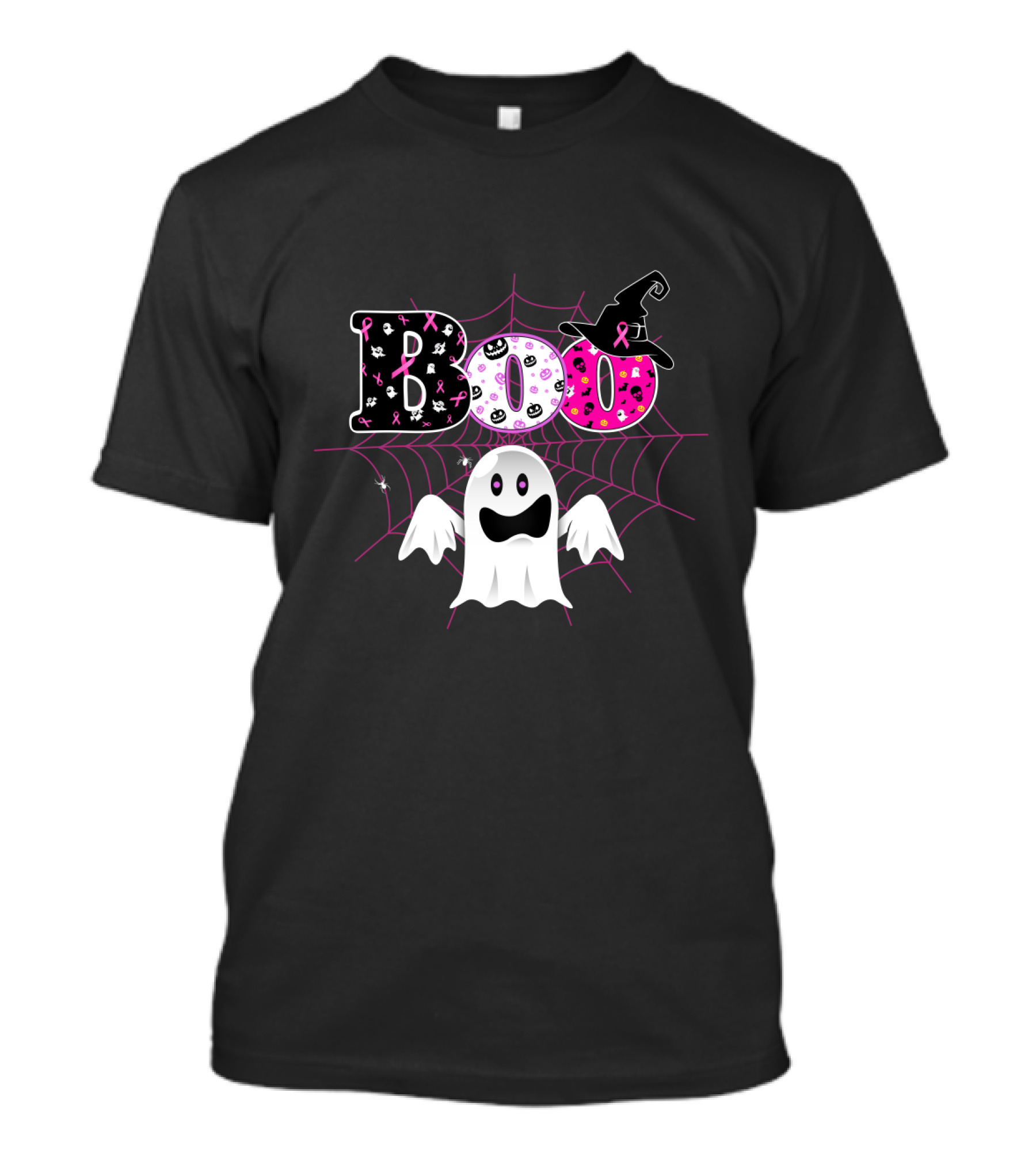 Boo Breast Cancer Awareness Halloween Ghost With Pink Ribbons And Witch Hat T-Shirt