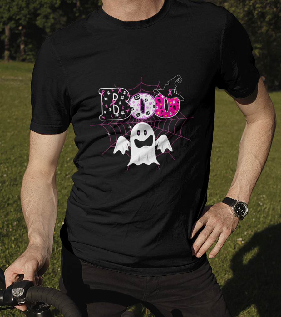 Boo Breast Cancer Awareness Halloween Ghost With Pink Ribbons And Witch Hat T-Shirt