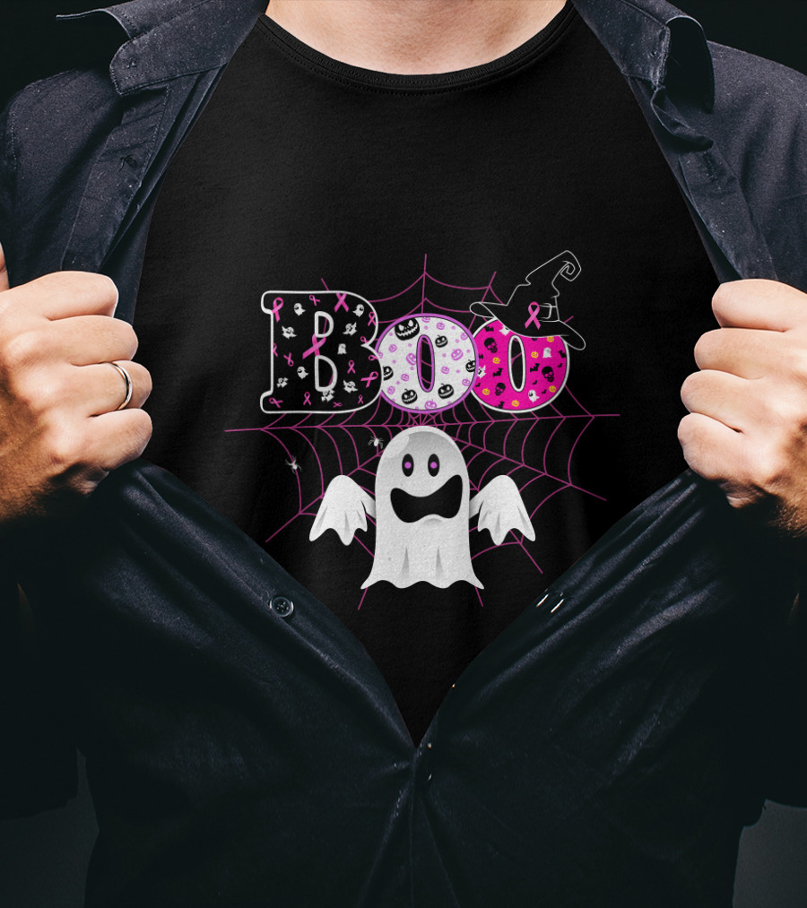 Boo Breast Cancer Awareness Halloween Ghost With Pink Ribbons And Witch Hat T-Shirt