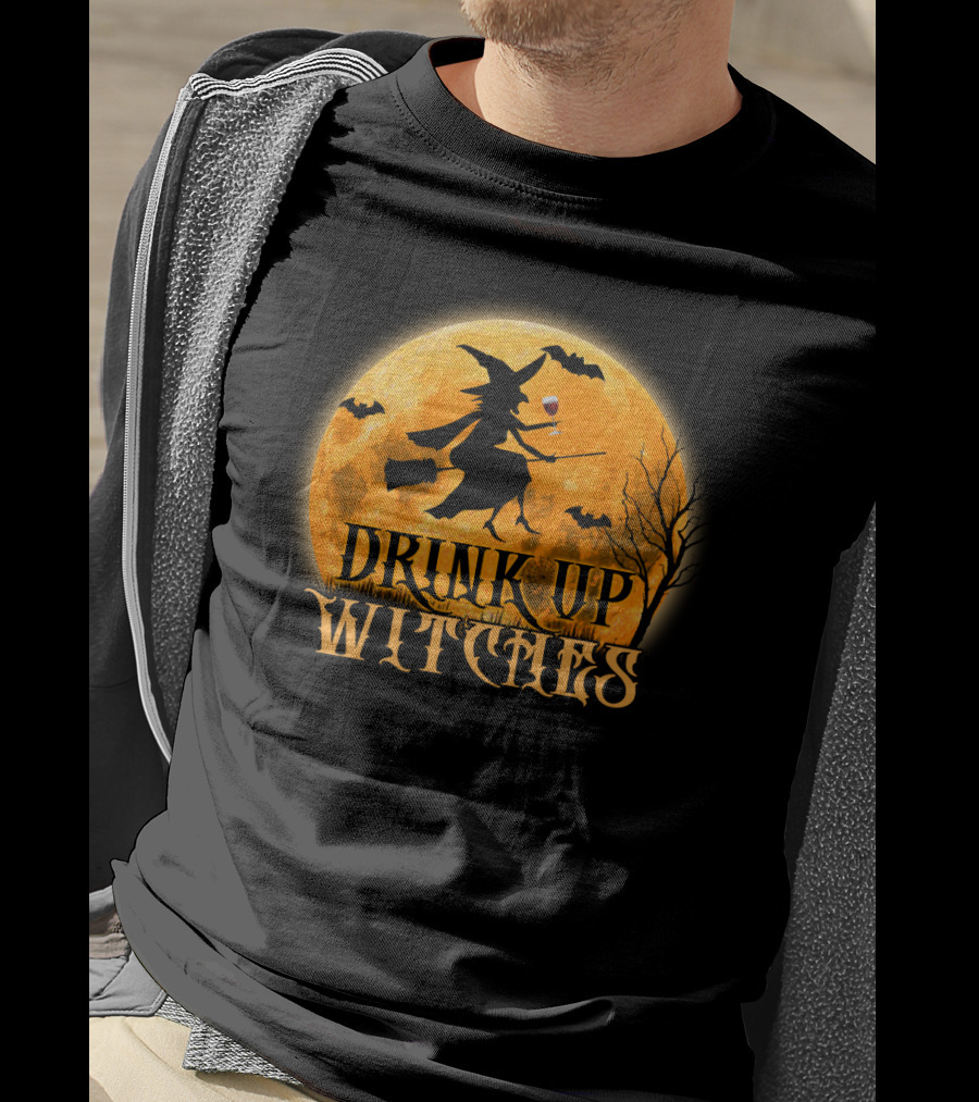 Drink Up Witches Wine Halloween Moon Bats Broomstick T-Shirt