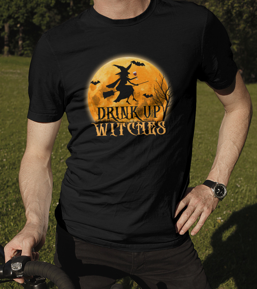 Drink Up Witches Wine Halloween Moon Bats Broomstick T-Shirt