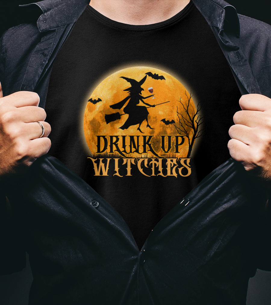 Drink Up Witches Wine Halloween Moon Bats Broomstick T-Shirt