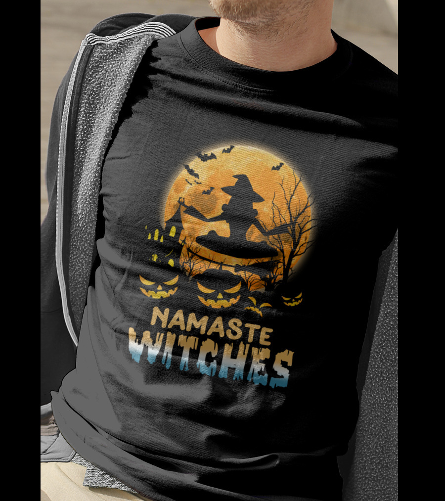 Namaste Witches Yoga Halloween Moon And Pumpkins T-Shirt