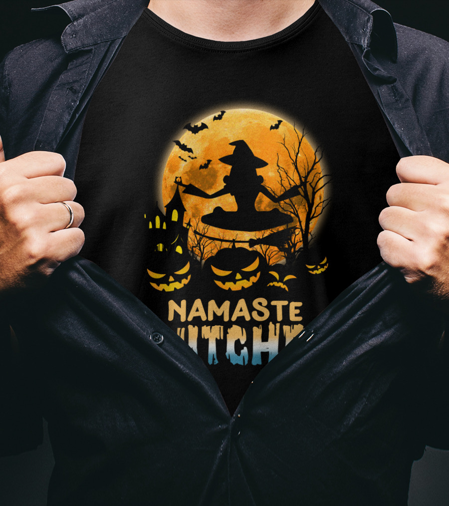 Namaste Witches Yoga Halloween Moon And Pumpkins T-Shirt