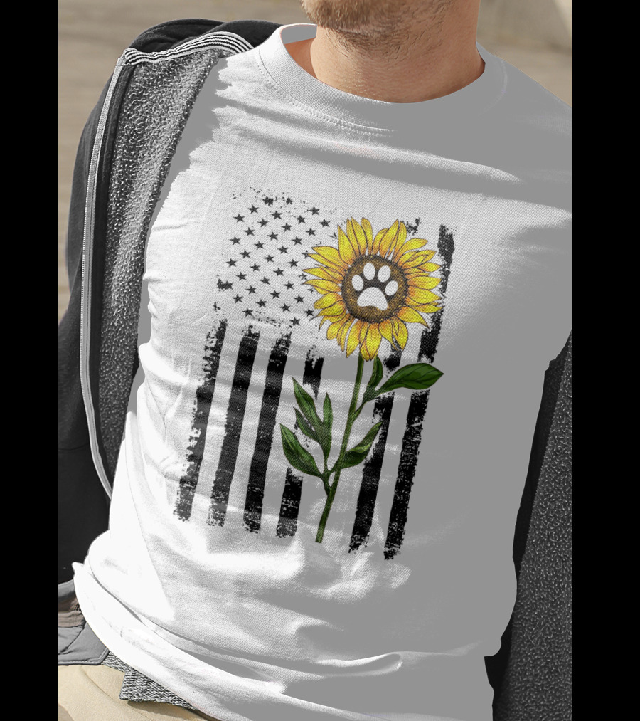 Sunflower Dog Paw Over American Flag Background T-Shirt