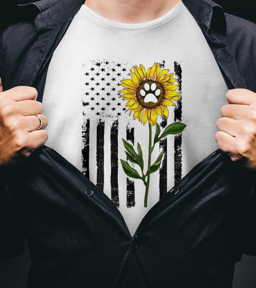 Sunflower Dog Paw Over American Flag Background T-Shirt