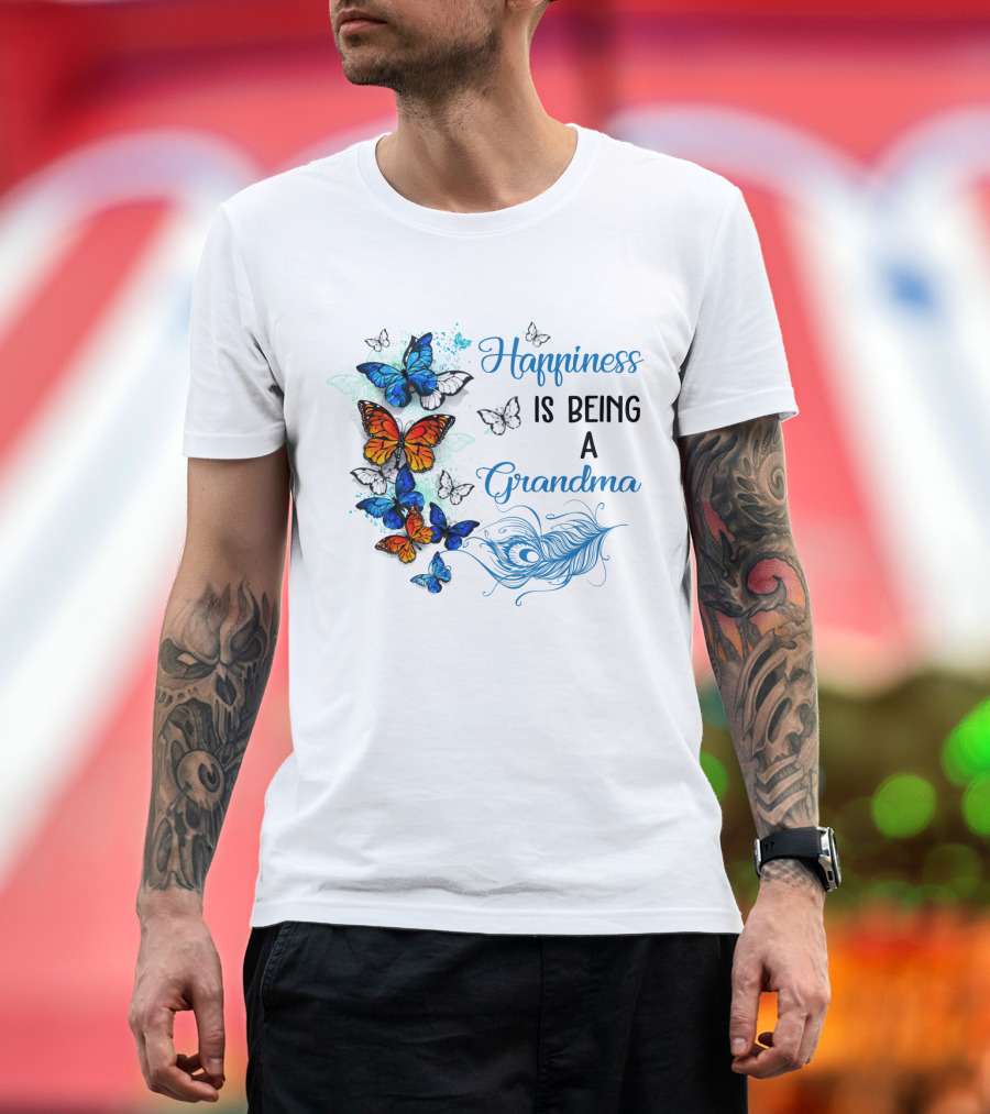 Happiness Is Being A Grandma with Colorful Butterflies and Peacock Feather T-Shirt