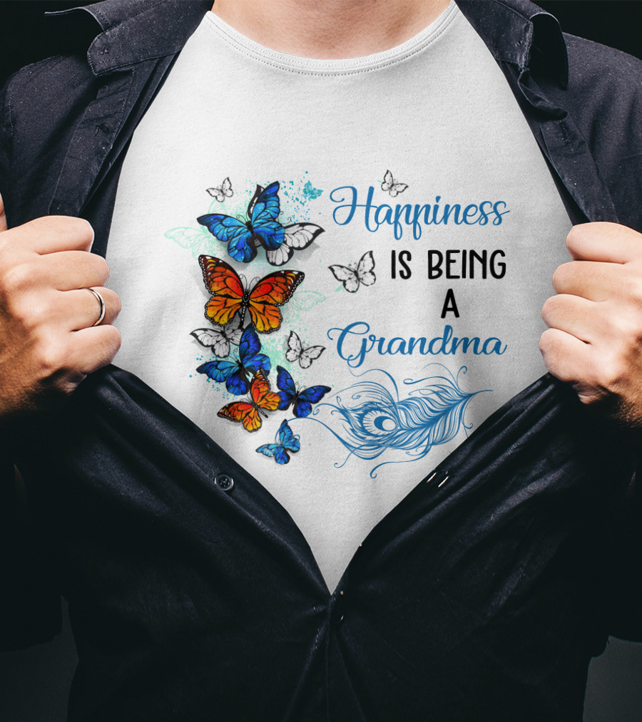Happiness Is Being A Grandma With Colorful Butterflies And Peacock Feather T-Shirt