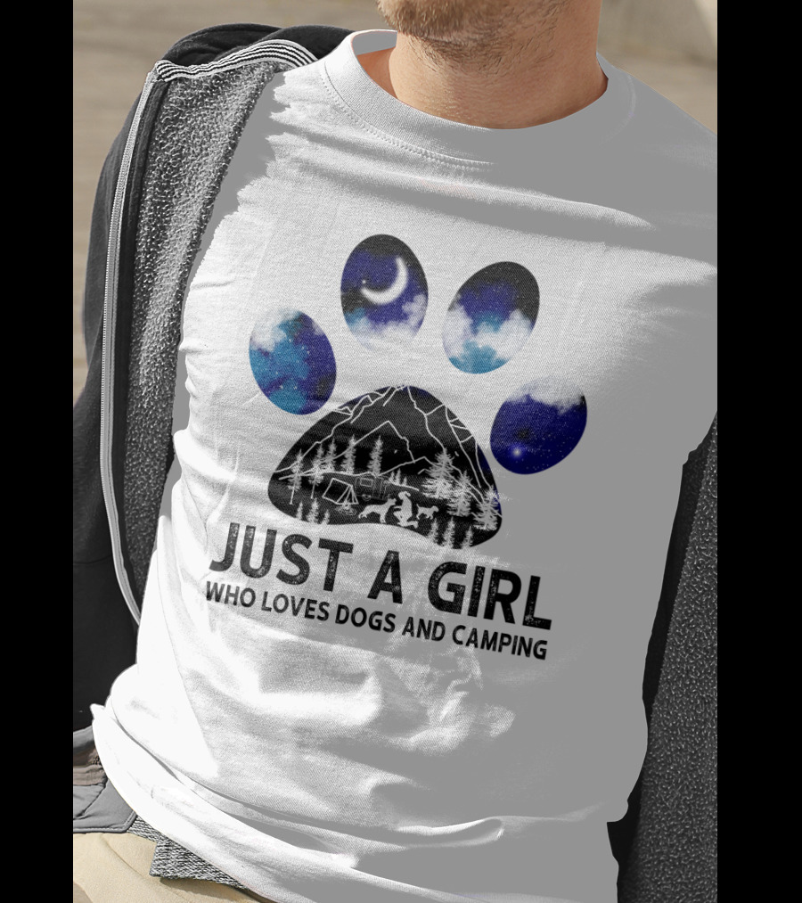 Just A Girl Who Loves Dogs And Camping Under Starry Night With Tent And Campfire T-Shirt