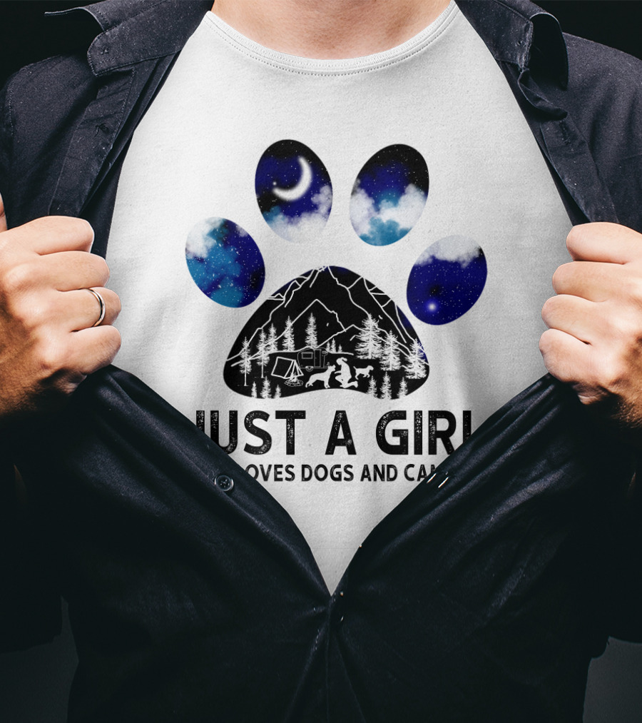 Just A Girl Who Loves Dogs And Camping Under Starry Night With Tent And Campfire T-Shirt