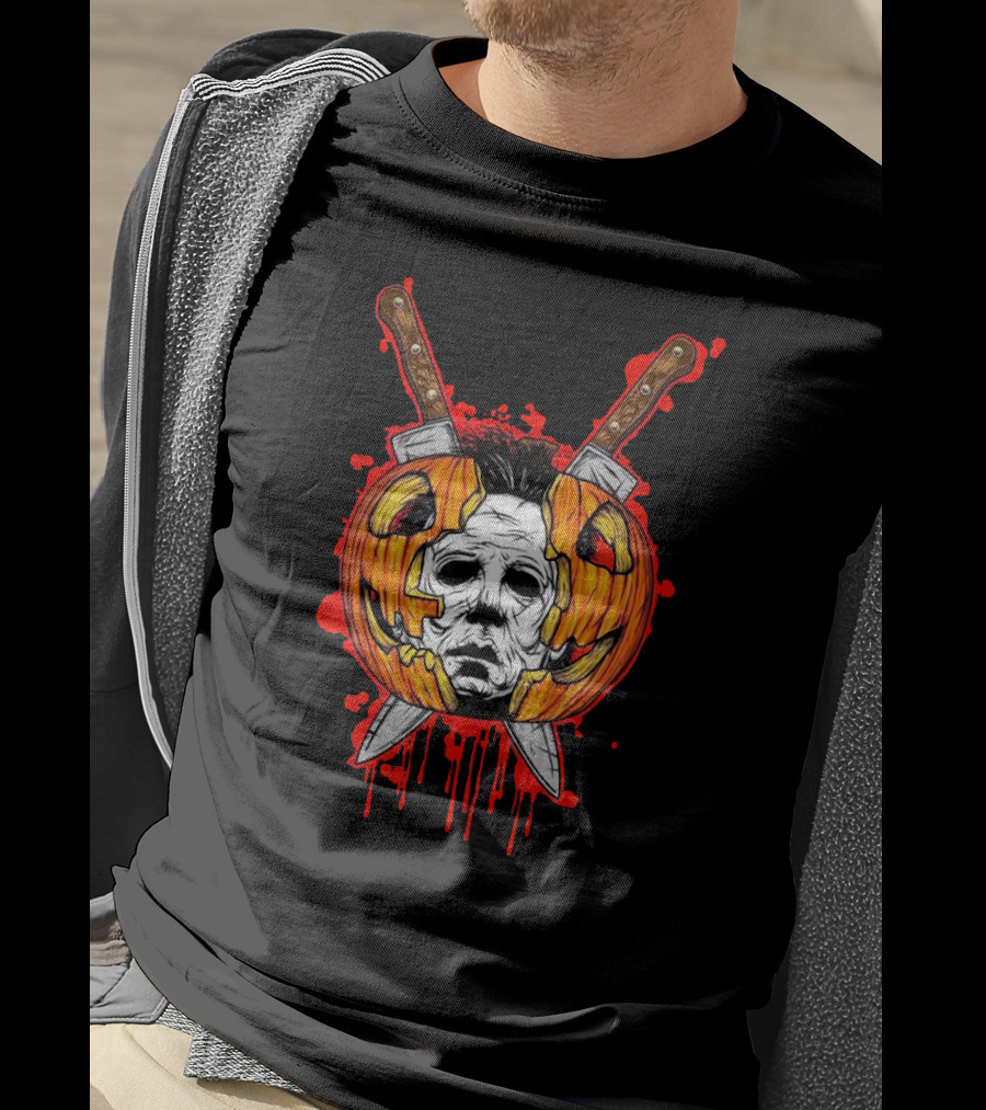 Michael Myers Pumpkin Head Halloween Horror Iconic Mask Crossed Knives T-Shirt