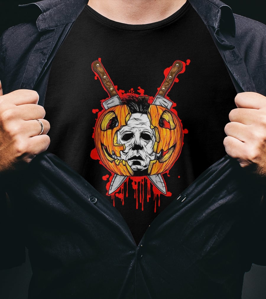 Michael Myers Pumpkin Head Halloween Horror Iconic Mask Crossed Knives T-Shirt