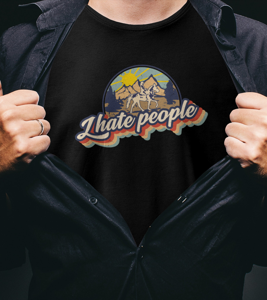 I Hate People Vintage Wilderness Horseback Riding Retro Sun Mountain Scene T-Shirt