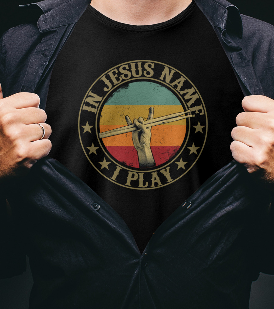 In Jesus Name I Play Drumsticks Retro Hand Sign T-Shirt