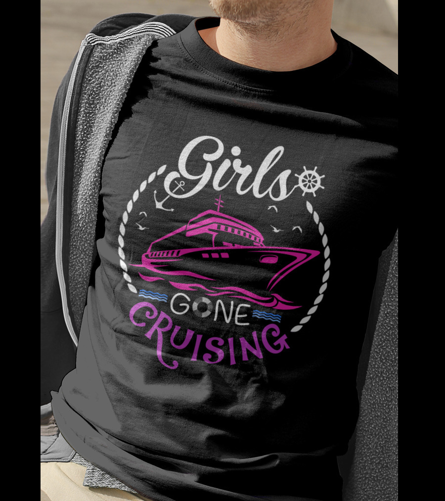 Girls Gone Cruising Ship Anchor Wheel Rope Seagulls Waves T-Shirt
