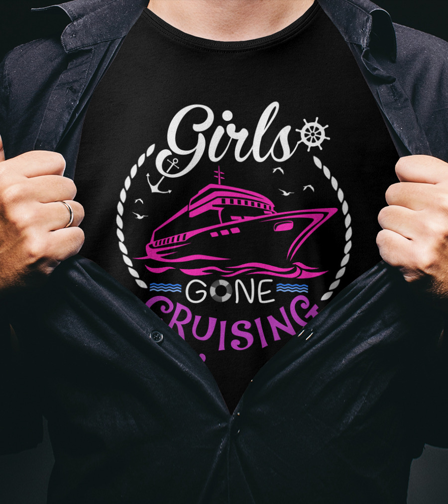 Girls Gone Cruising Ship Anchor Wheel Rope Seagulls Waves T-Shirt
