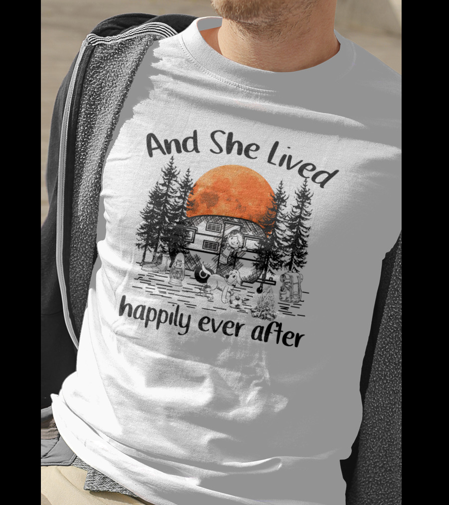 And She Lived Happily Ever After Camping Adventure With Orange Moon And Campfire Scene T-Shirt