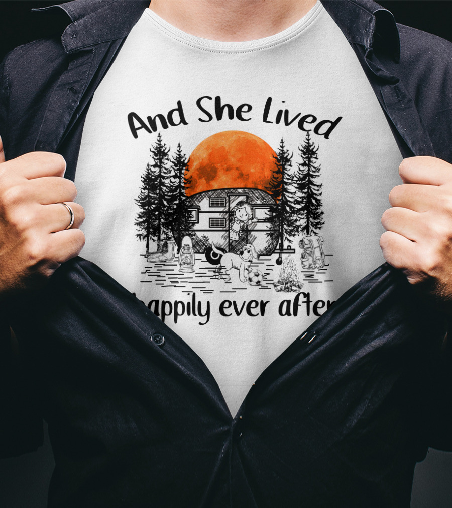 And She Lived Happily Ever After Camping Adventure With Orange Moon And Campfire Scene T-Shirt