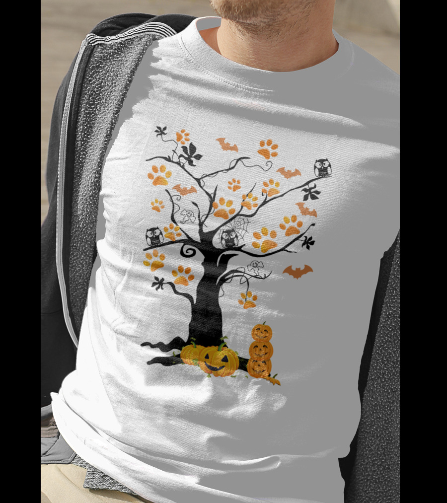 Dog Paw Tree Halloween Pumpkins Bats Owls Ghosts T-Shirt