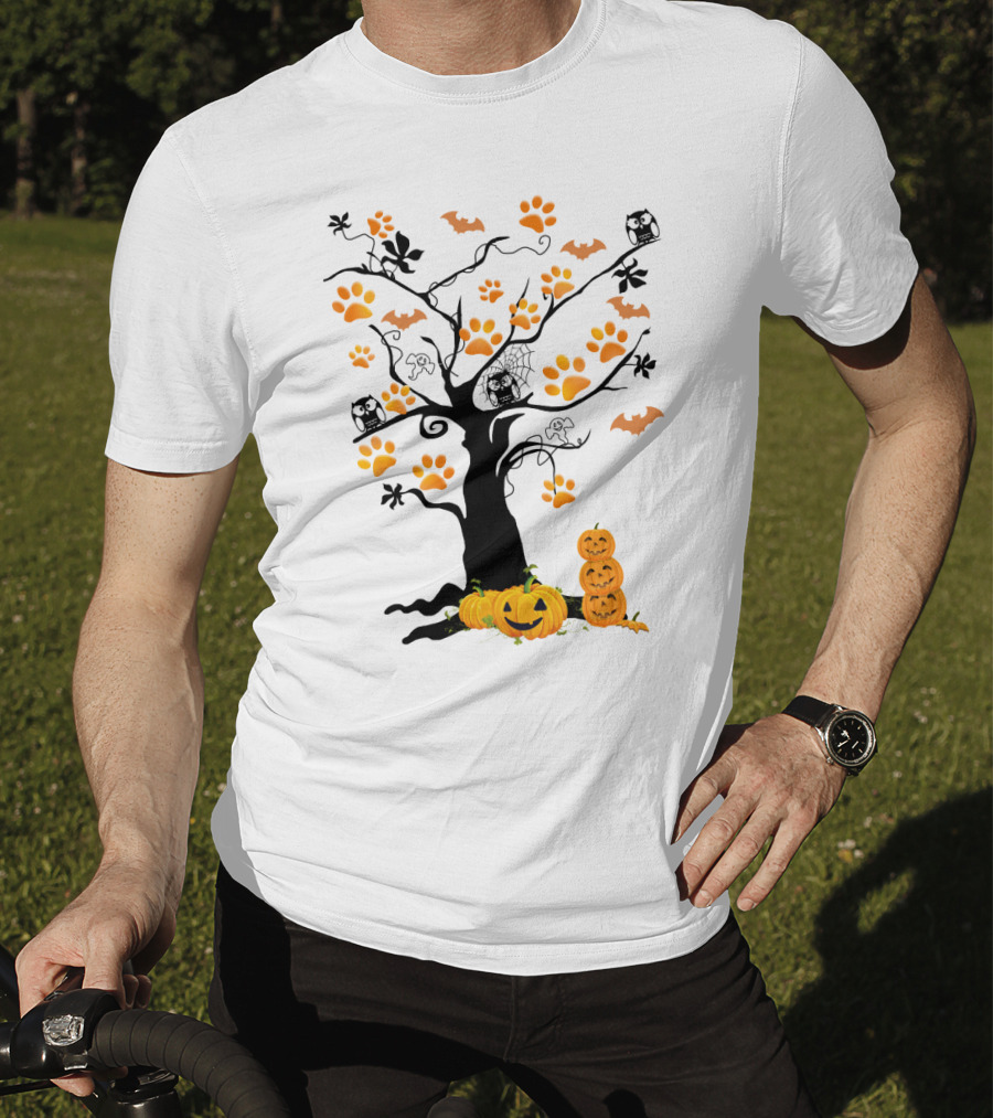 Dog Paw Tree Halloween Pumpkins Bats Owls Ghosts T-Shirt