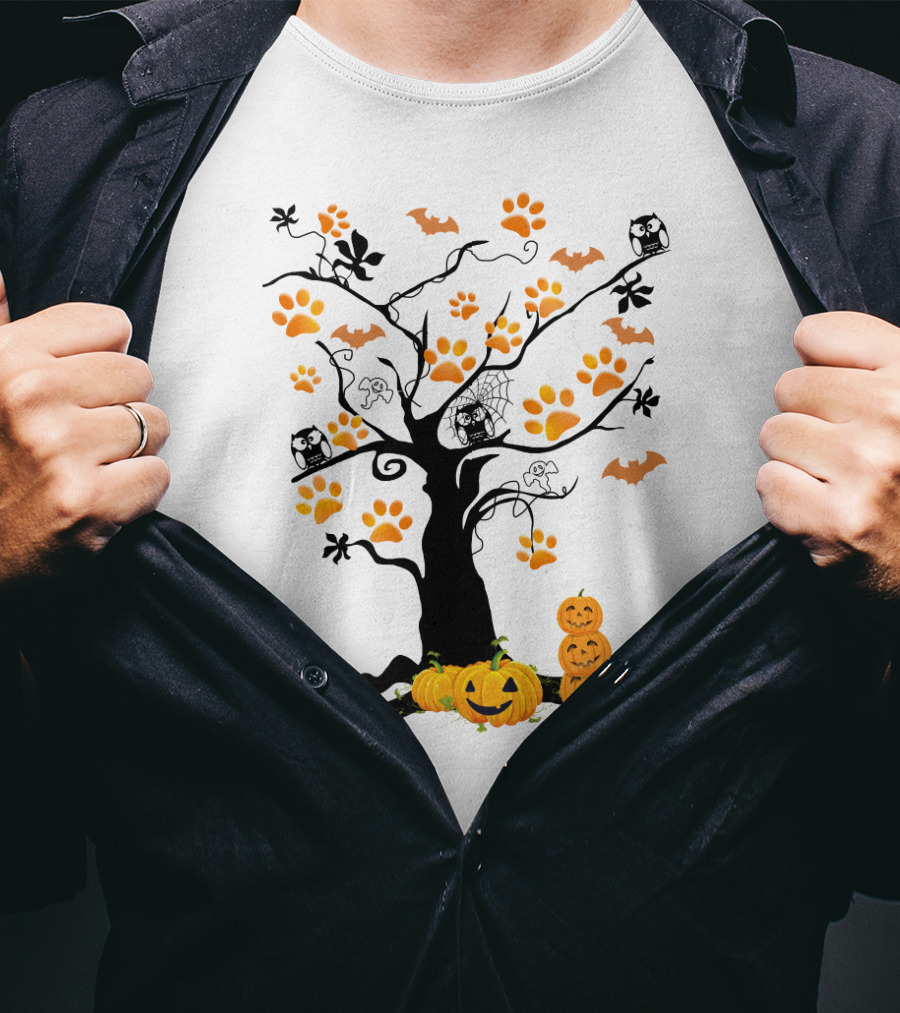 Dog Paw Tree Halloween Pumpkins Bats Owls Ghosts T-Shirt