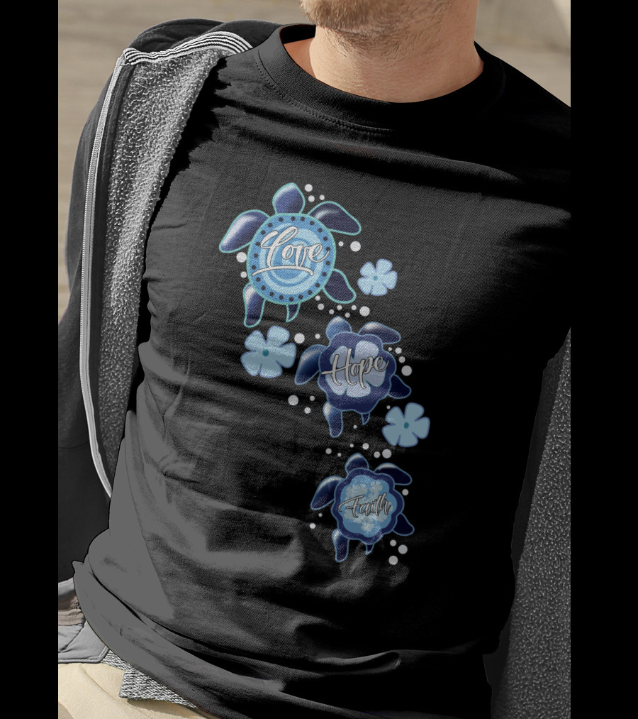 Love Hope Faith Turtle Icons Blue T-Shirt