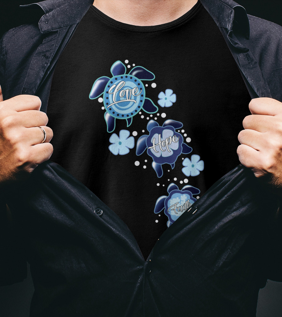 Love Hope Faith Turtle Icons Blue T-Shirt