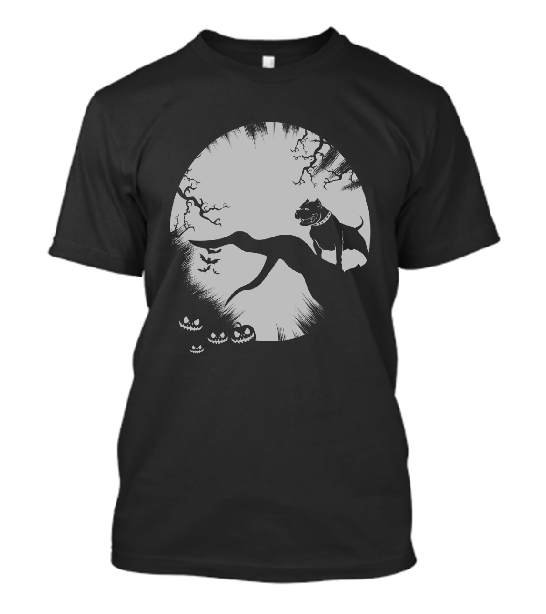 Pitbull Halloween Moon With Jack O'Lanterns And Bats T-Shirt