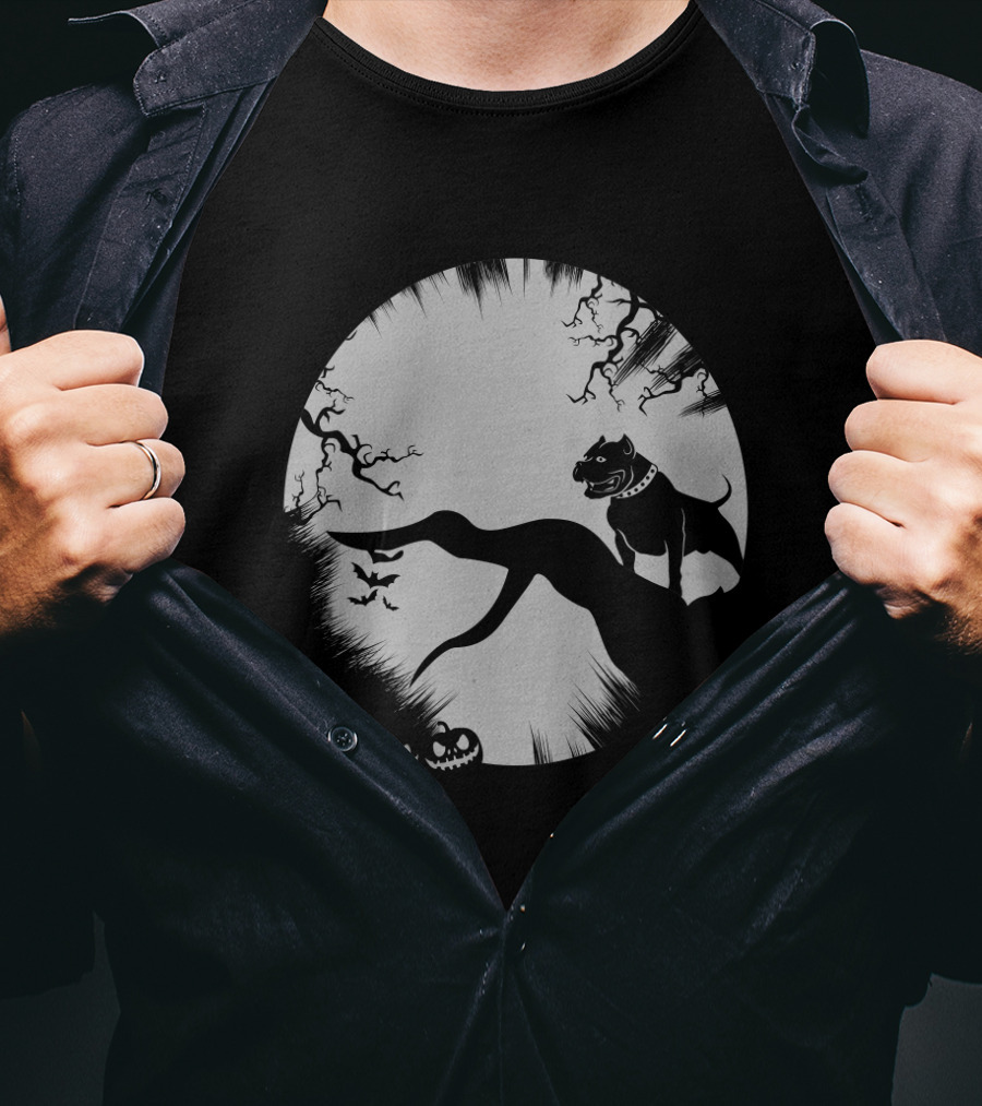 Pitbull Halloween Moon With Jack O'Lanterns And Bats T-Shirt