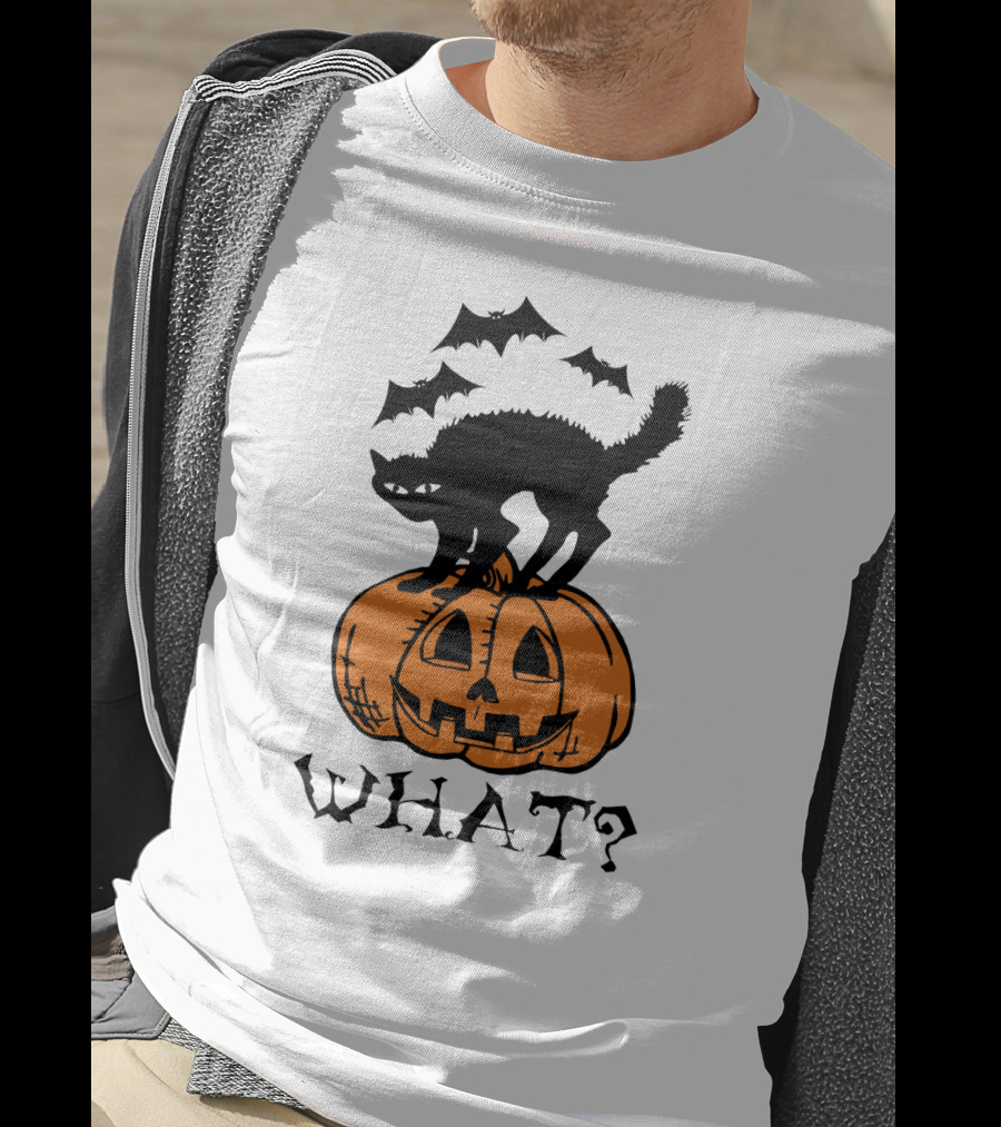 WHAT Black Cat Halloween Pumpkin Bats T-Shirt