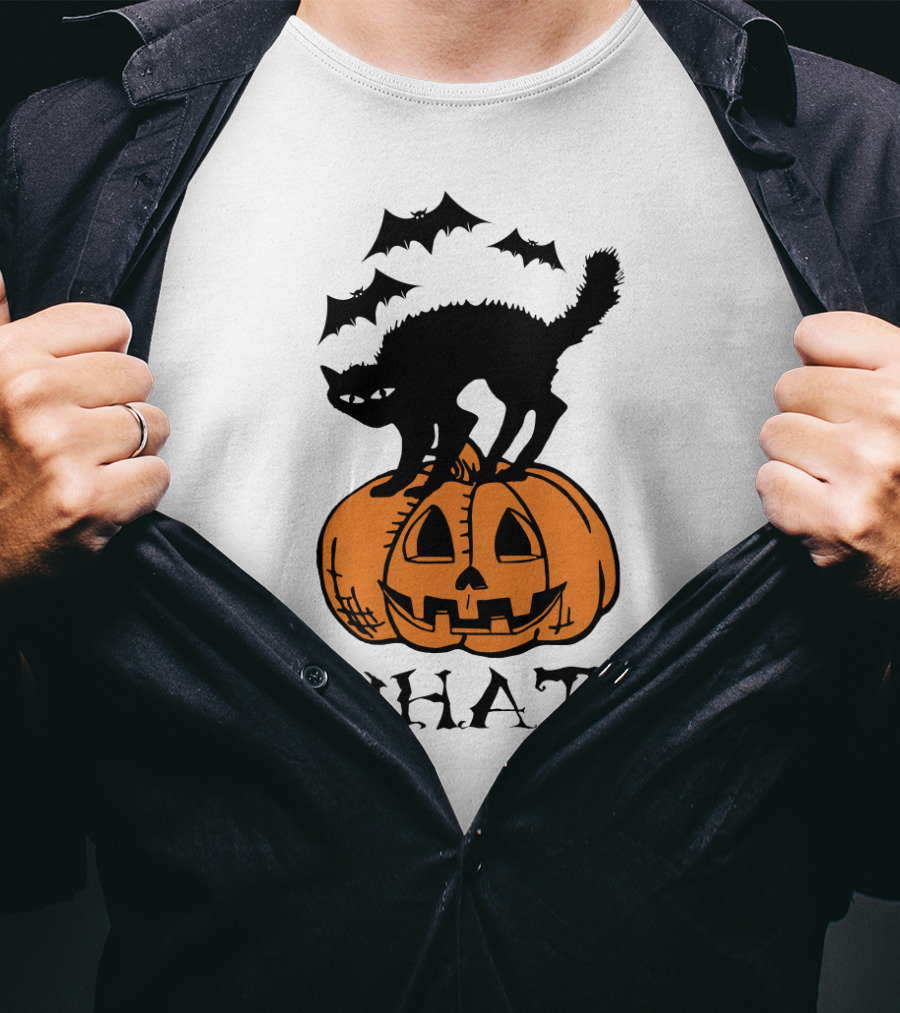 WHAT Black Cat Halloween Pumpkin Bats T-Shirt