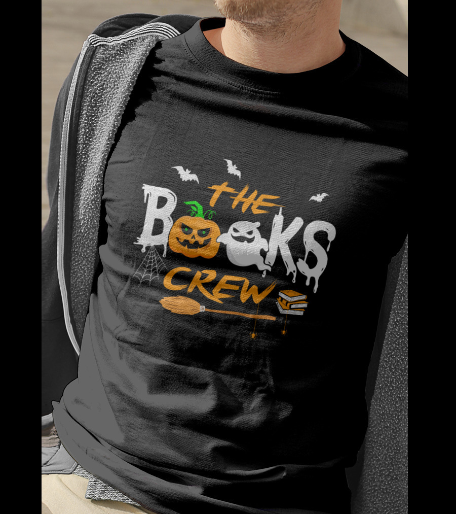 The Books Crew Halloween Ghost Pumpkin Bats Broom Books Spider Web T-Shirt