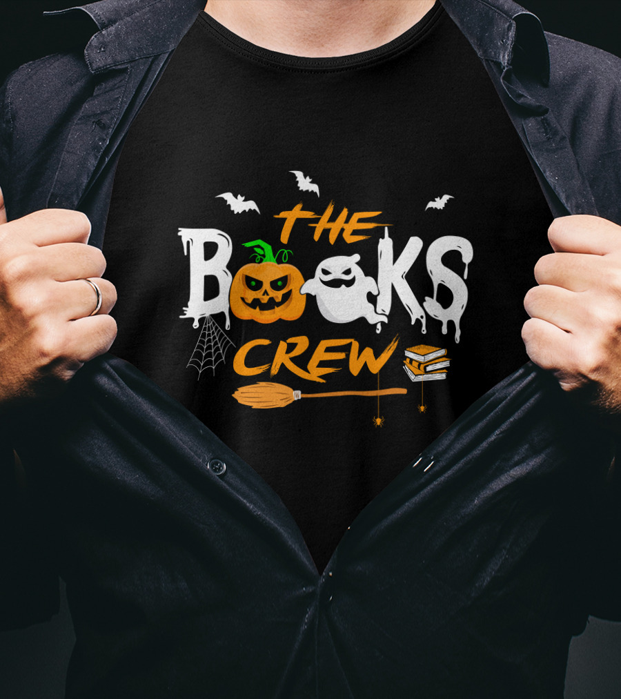The Books Crew Halloween Ghost Pumpkin Bats Broom Books Spider Web T-Shirt
