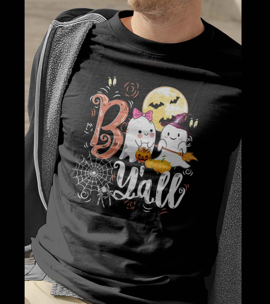 Bo Y'all Cute Ghosts With Pumpkins And Halloween Full Moon T-Shirt