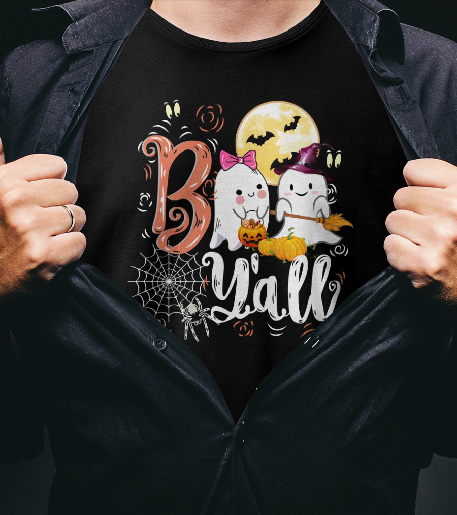 Bo Y'all Cute Ghosts With Pumpkins And Halloween Full Moon T-Shirt