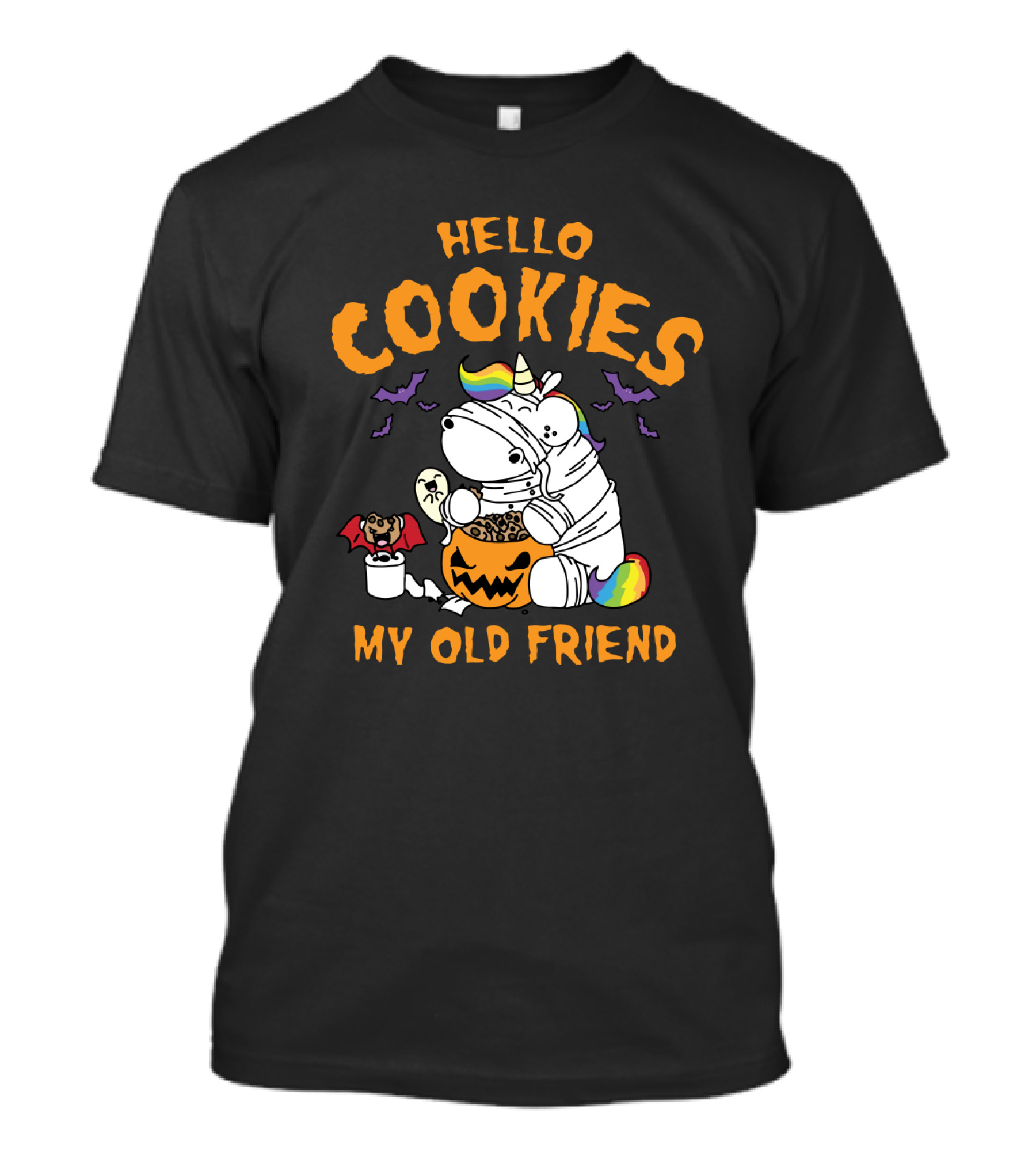 Hello Cookies My Old Friend Unicorn Halloween Rainbow Bats T-Shirt