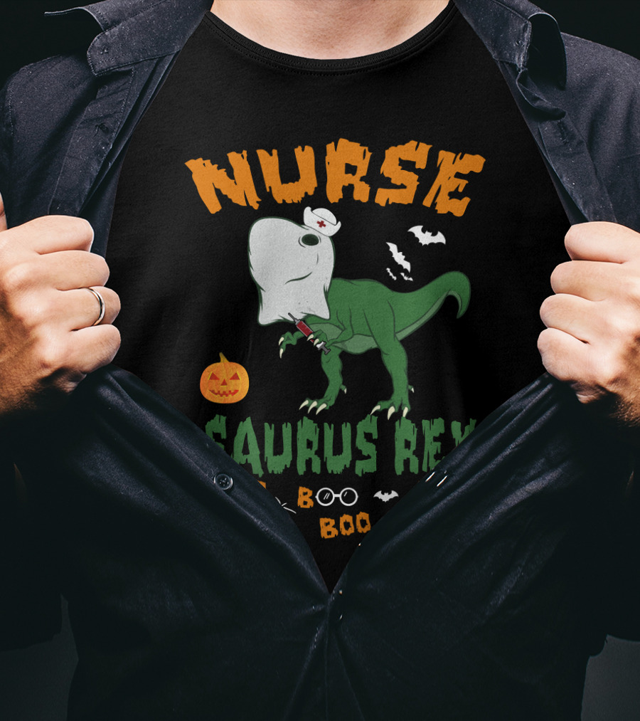 Nurse Saurus Rex Boo Boo Halloween Pumpkin Bat T-Shirt