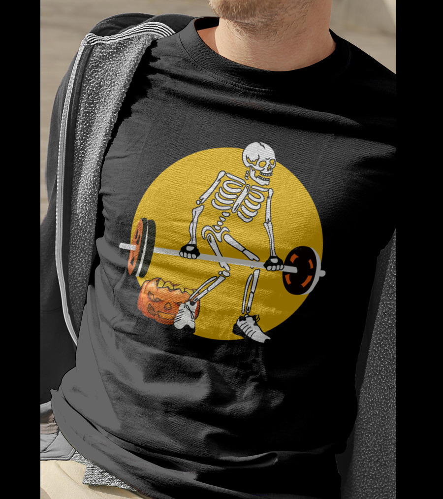 Skeleton Lifting Barbell With Pumpkin Halloween T-Shirt